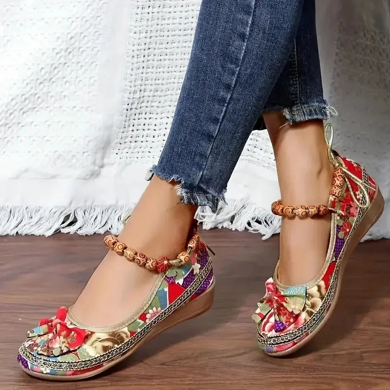 Women's black and red ethnic style platform sandals with elastic band fastening
