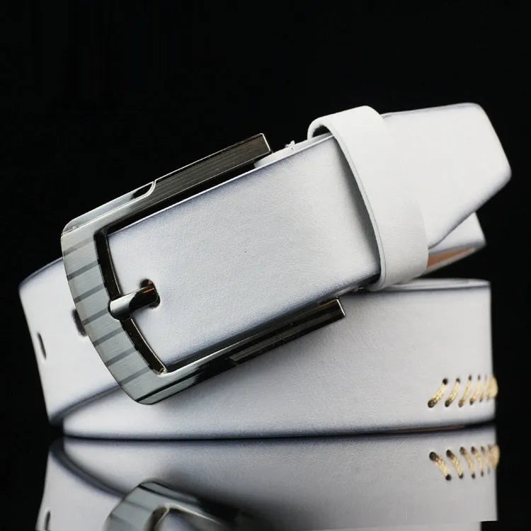 Men's casual pin buckle belt in black, brown or white colours showing threading pattern and alloy buckle