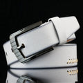 Men's casual pin buckle belt in black, brown or white colours showing threading pattern and alloy buckle