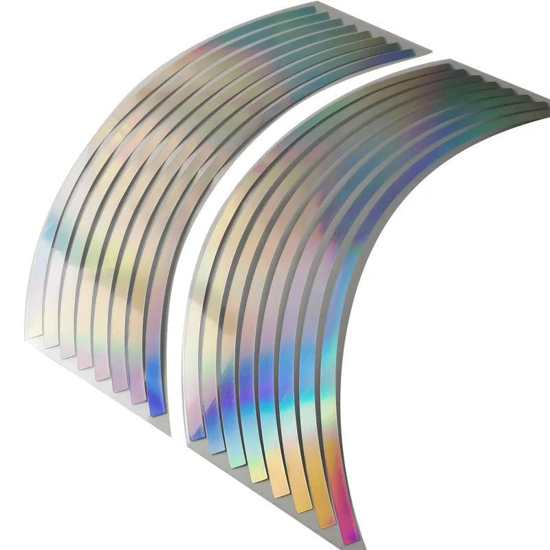 Pack of 16 thin, silver laser-reflective adhesive stickers for motorcycle and car wheel hubs.