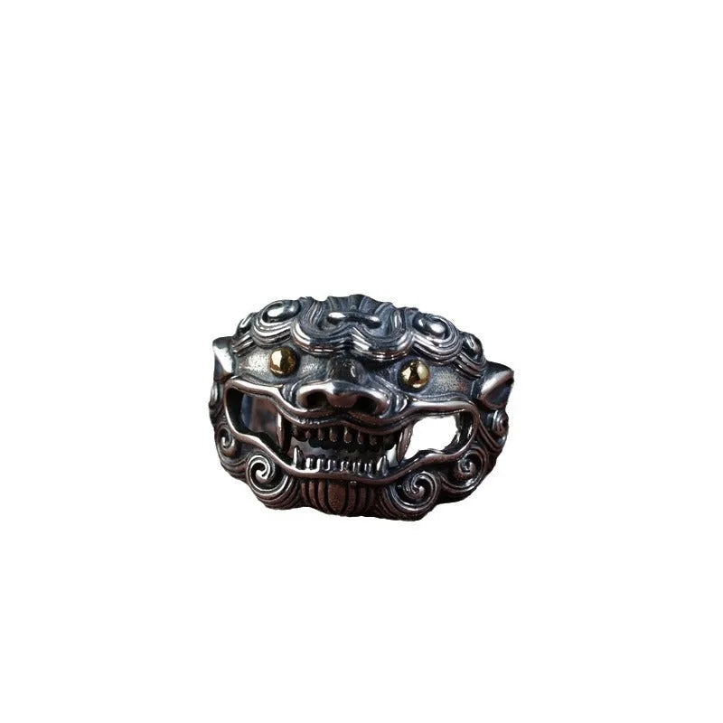 Silver open style ring with a detailed jibeast animal zodiac pattern.