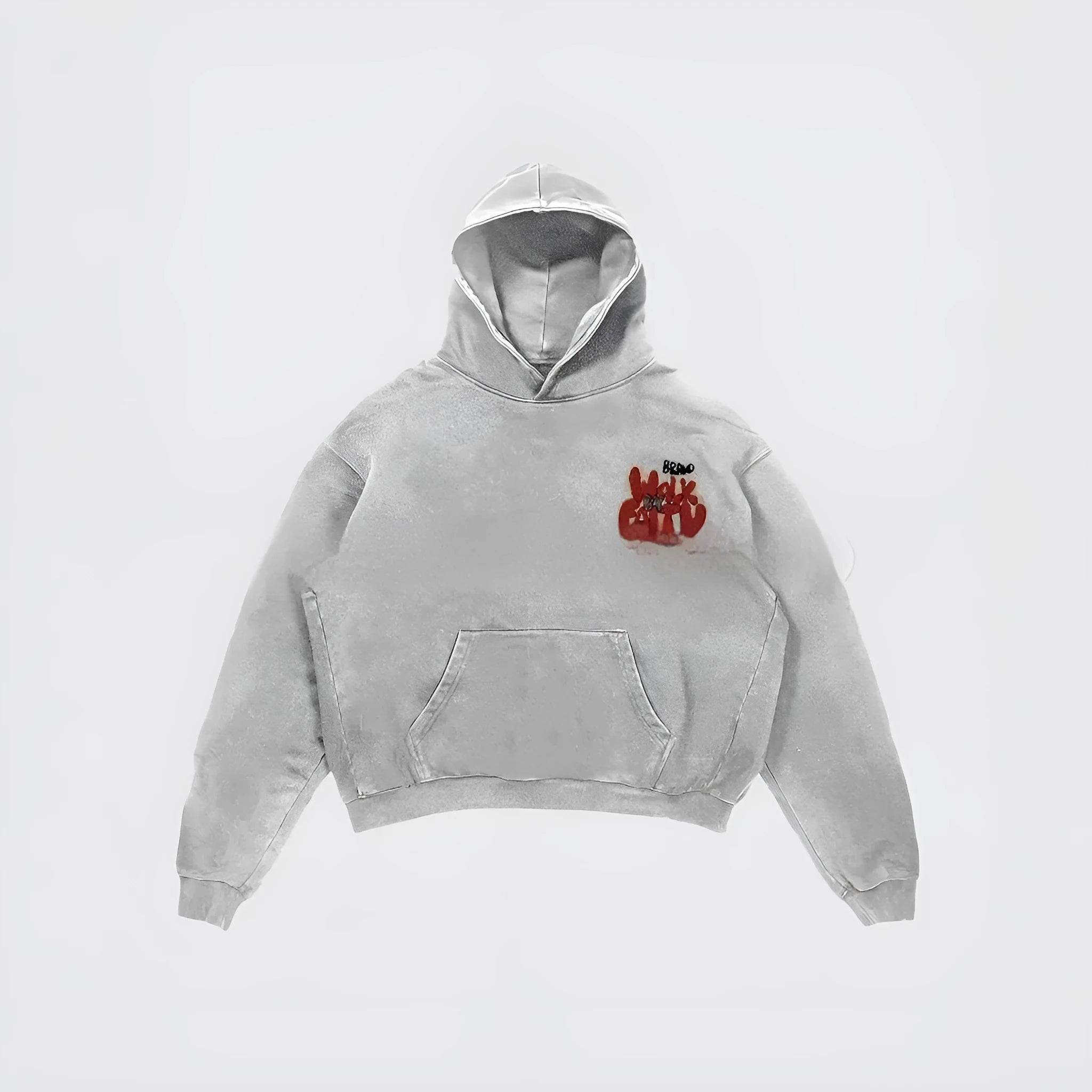 Women's granny grey hoodie with vintage letter print design and side pockets.