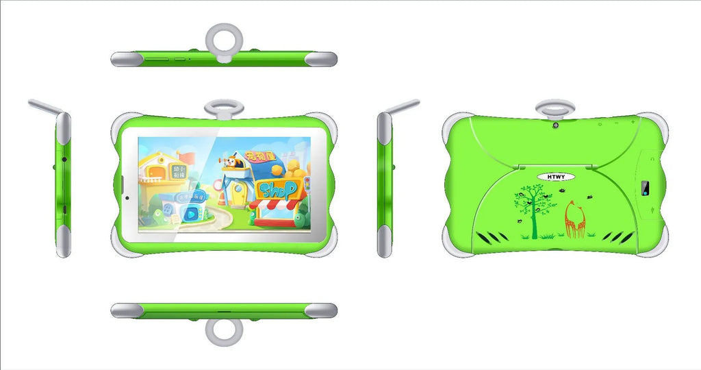 Cartoon-coloured 7-inch children's learning tablet with a protective stand on a table.