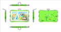 Cartoon-coloured 7-inch children's learning tablet with a protective stand on a table.