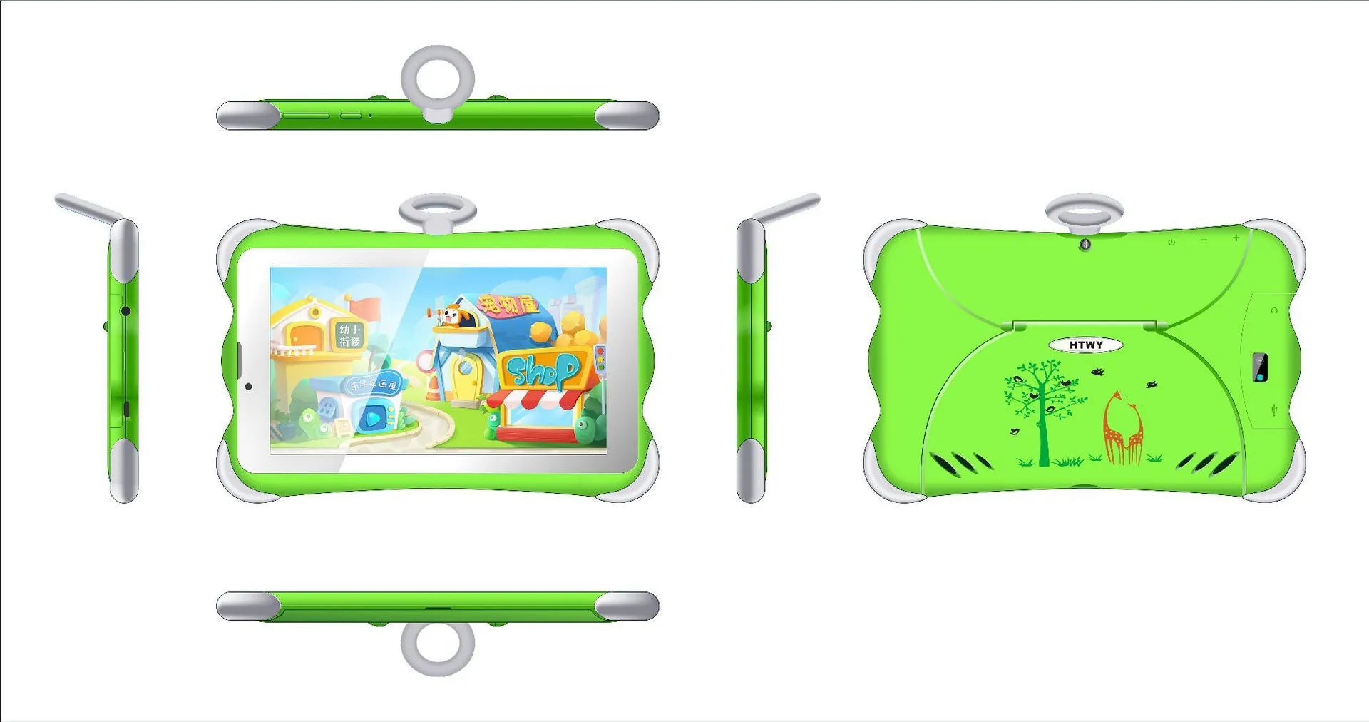 Cartoon-coloured 7-inch children's learning tablet with a protective stand on a table.