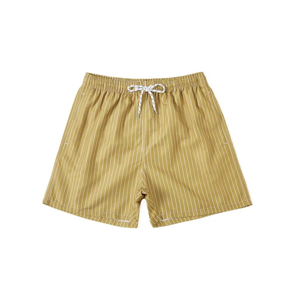 Polyester striped beach shorts with triangle lining in navy blue colour with straight leg openings