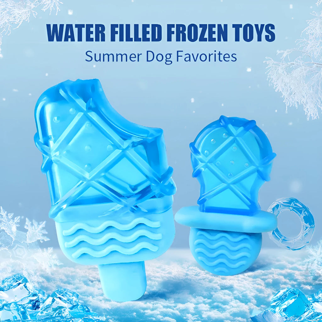 Set of three water-filled dog cooling toys: a blue pacifier, a red popsicle, and a green ring shape.
