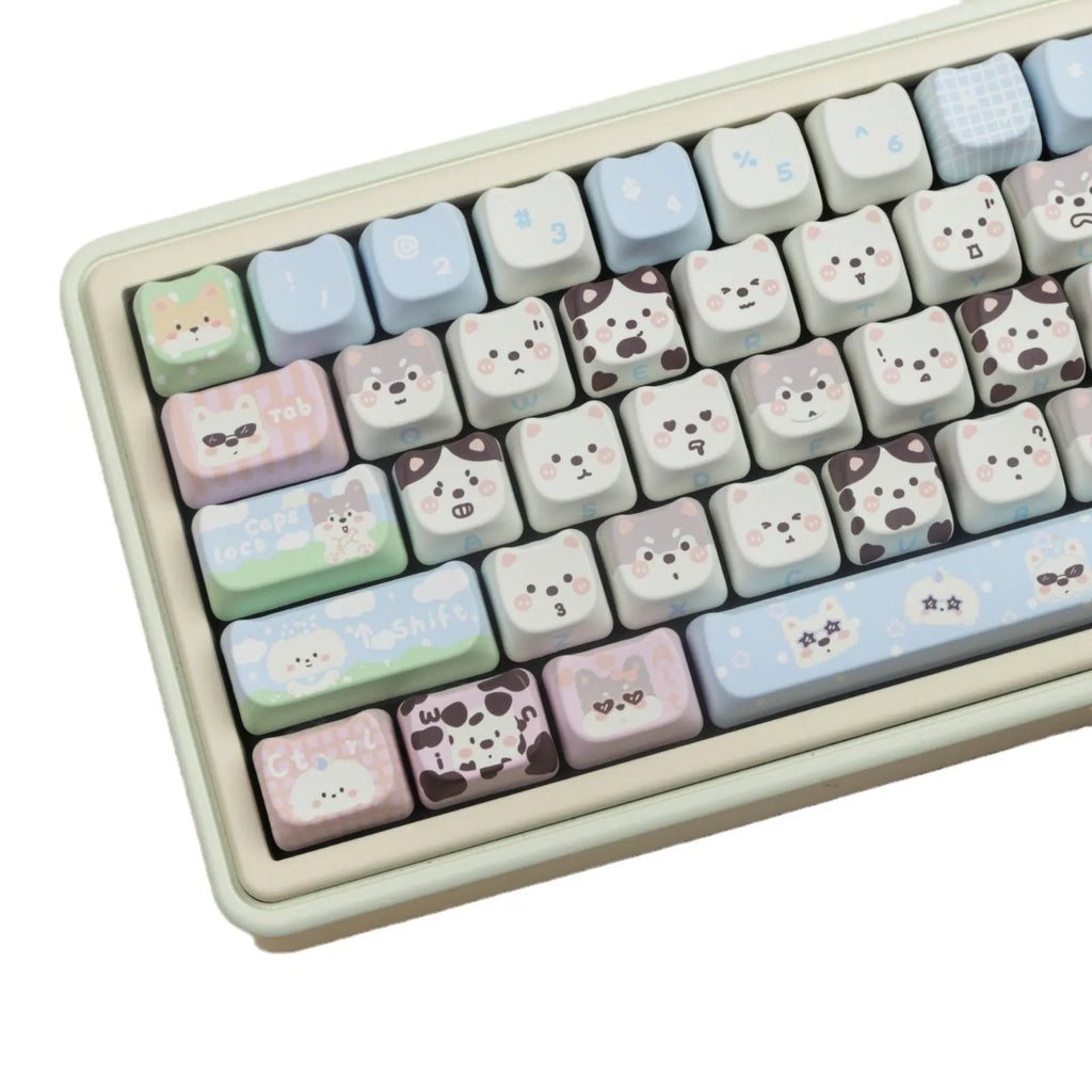 Complete set of PBT keycaps with cat and puppy sublimation designs for mechanical keyboards