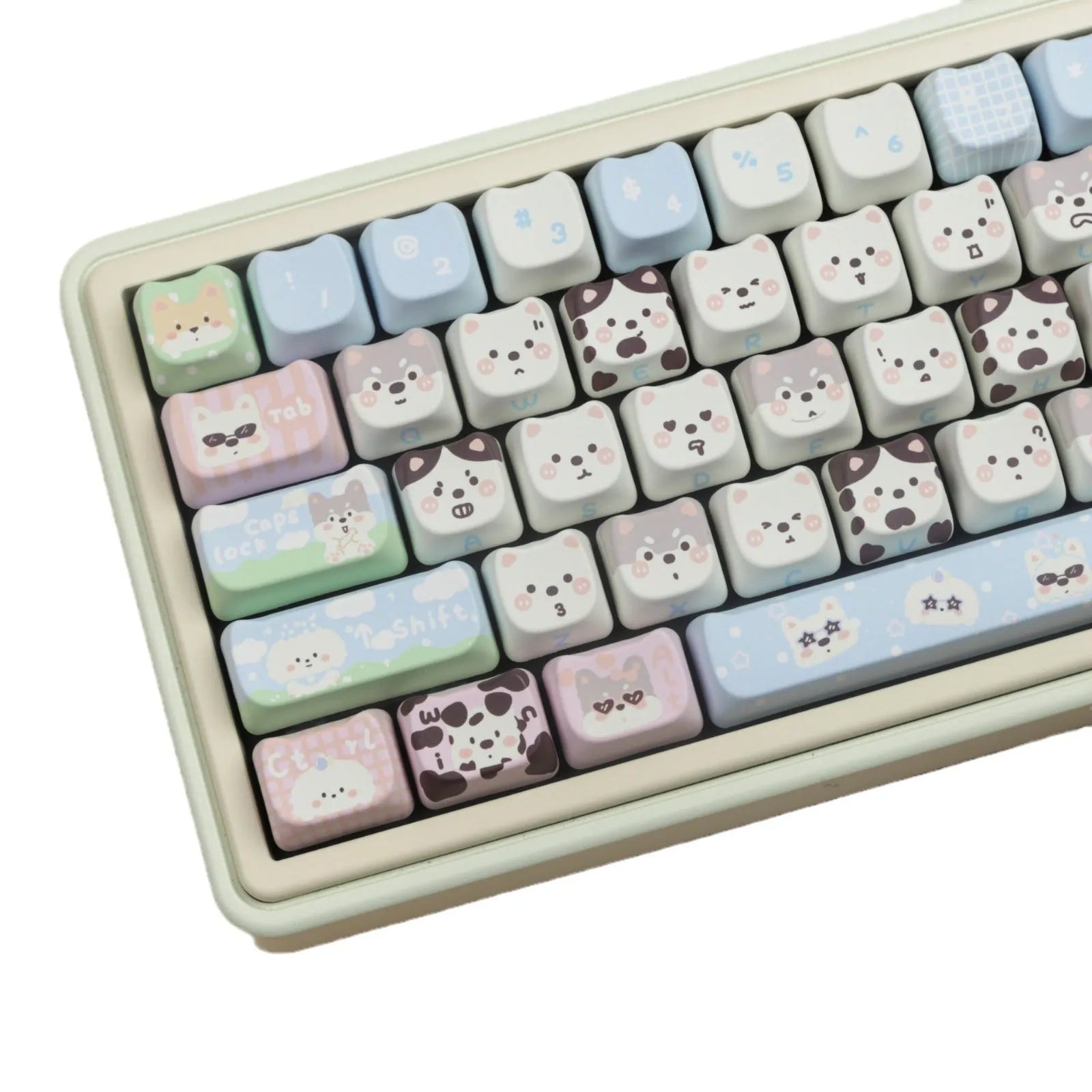 Complete set of PBT keycaps with cat and puppy sublimation designs for mechanical keyboards