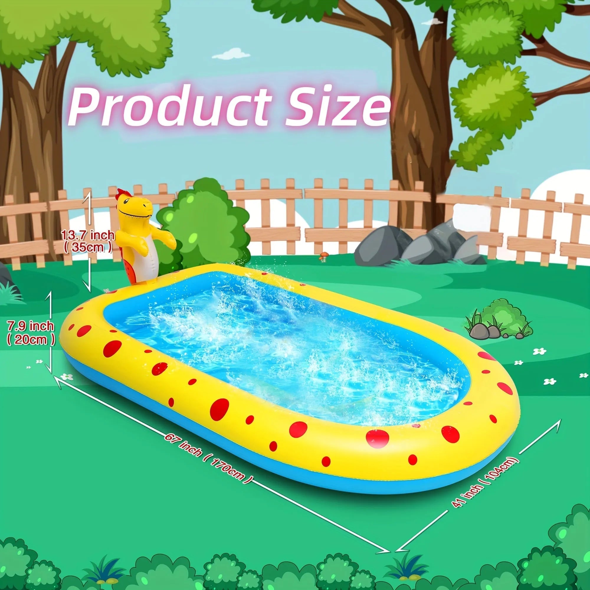 Blue dinosaur inflatable water spray pool with splash mat and toy shark for garden play