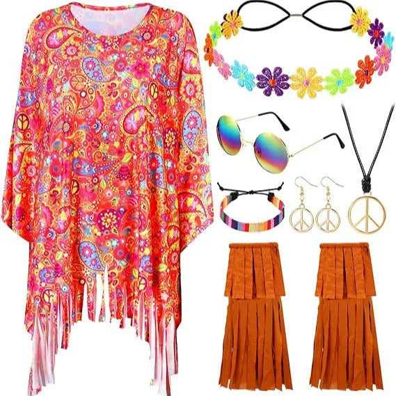 Tie dye cloak costume with bell sleeves in colourful rainbow pattern for Halloween parties