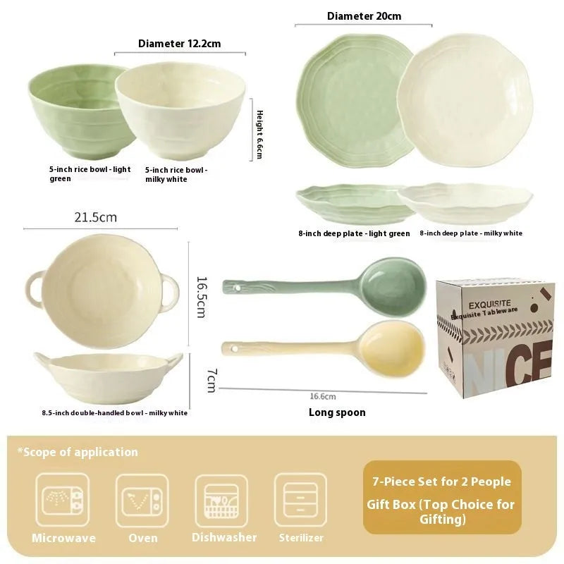 Seven-piece solid colour ceramic tableware set with modern Japanese design in gift box packaging