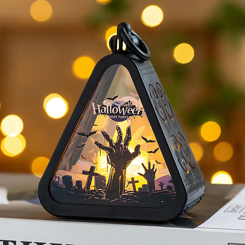 Portable plastic Halloween pumpkin lamp decoration in pumpkin, witch, castle, or ghost hand colour.