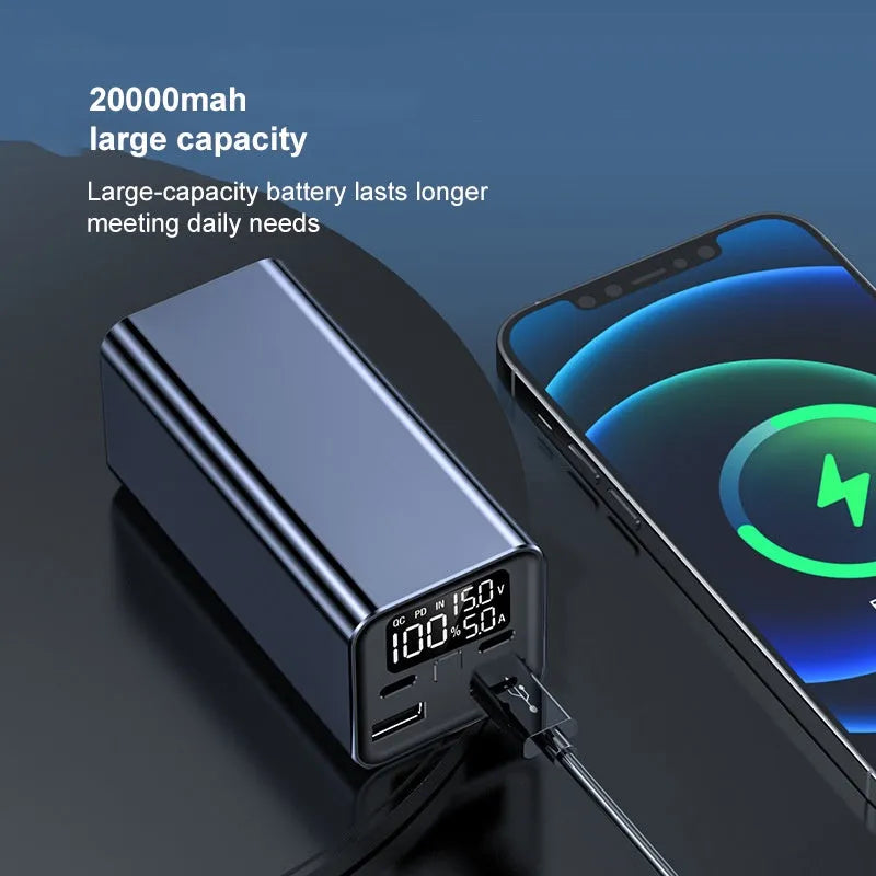 High power laptop charging bank with metal casing showing black, blue, and grey colour options