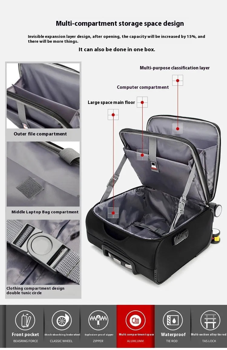 Black 18-inch Oxford cloth cabin suitcase with telescopic handle and universal wheels.