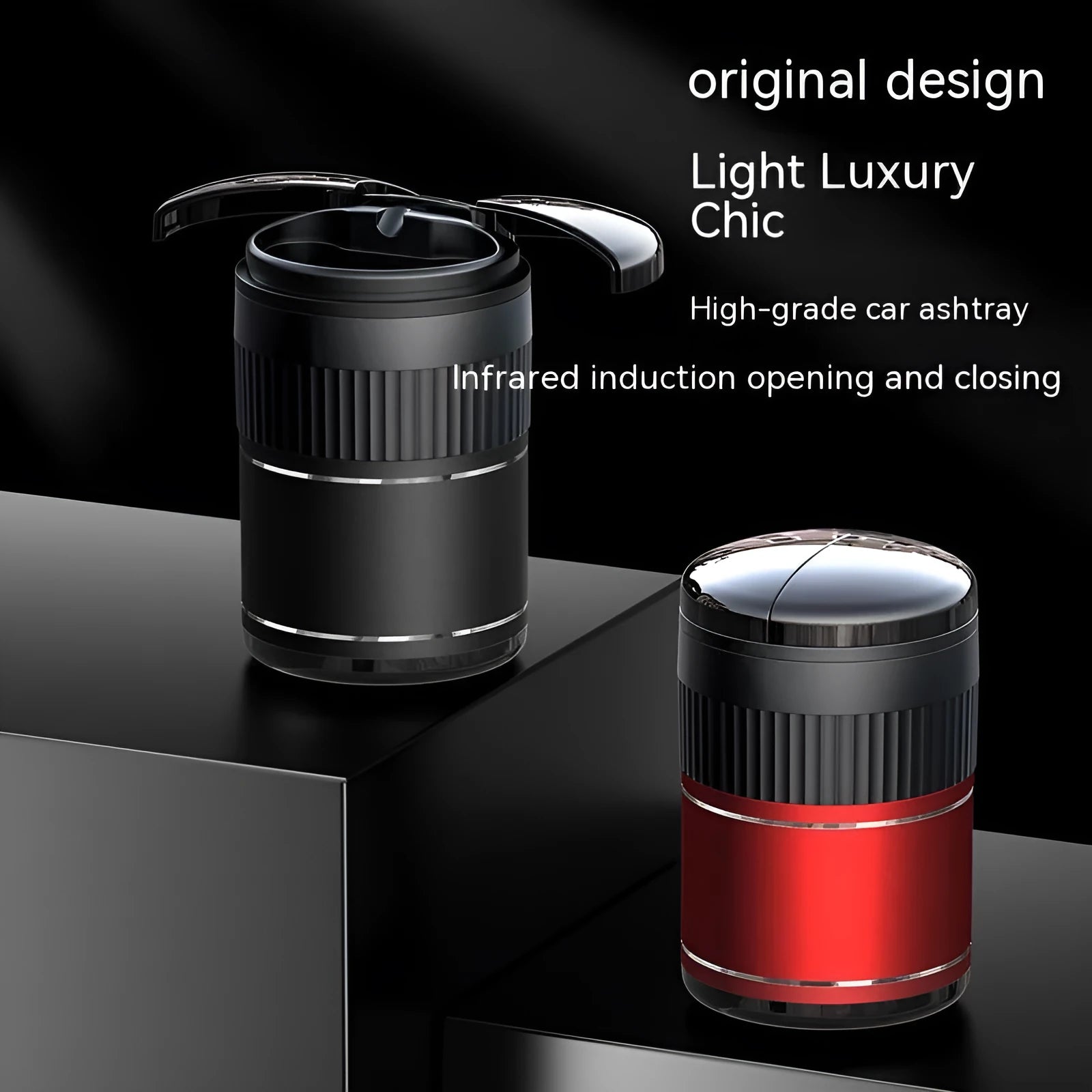 Black metal smart car ashtray with lid, showing compact 113mm size for cup holders.
