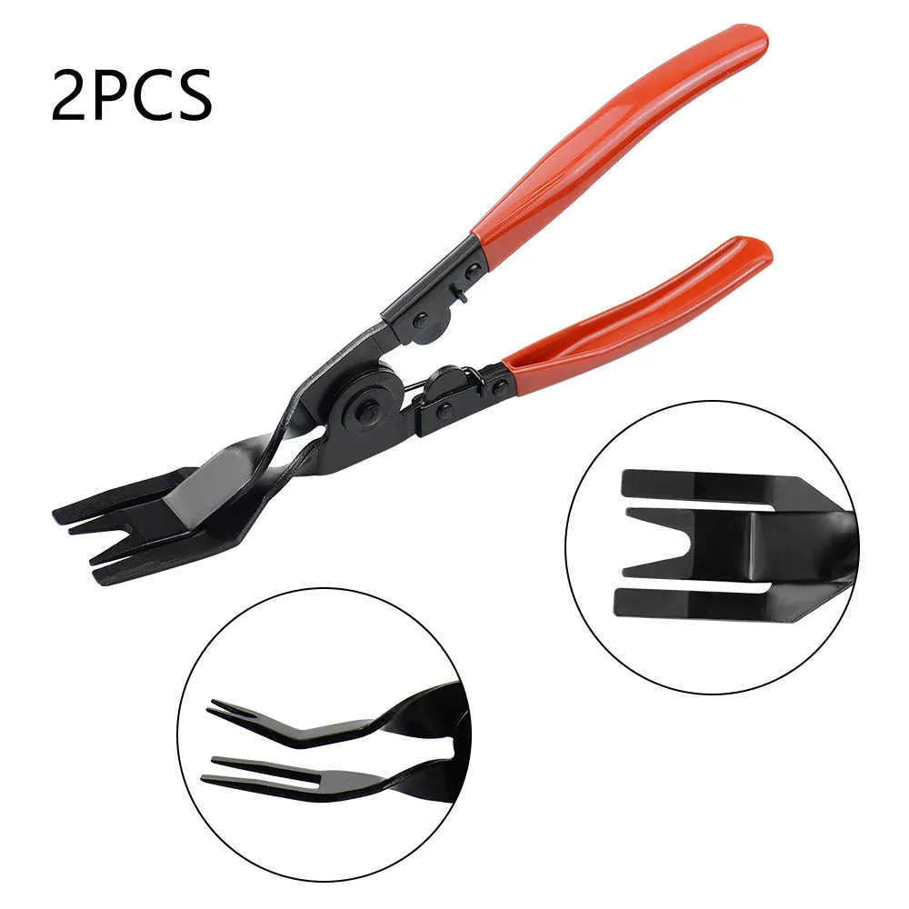 Red-handled steel automotive nailing tool for General Motors door panels
