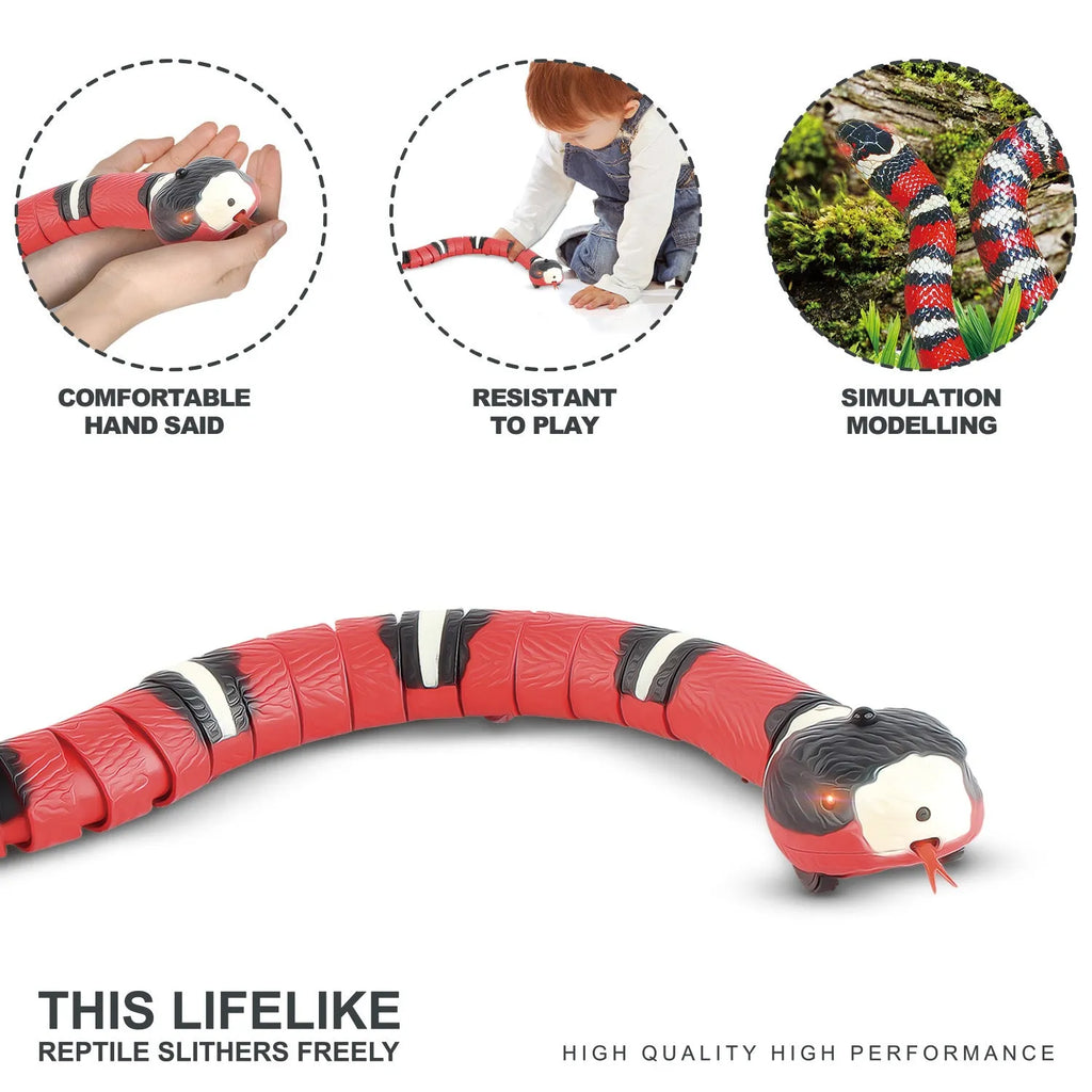 USB rechargeable automatic electronic snake cat toy with segmented plastic body on a floor.