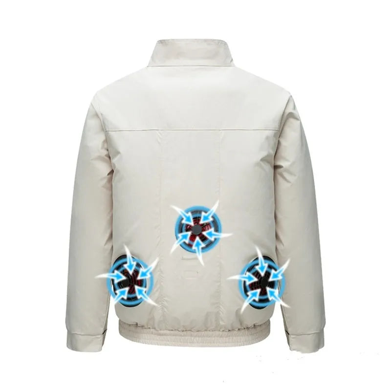 Men's black ventilation cooling jacket with multiple holes for fan airflow during outdoor work