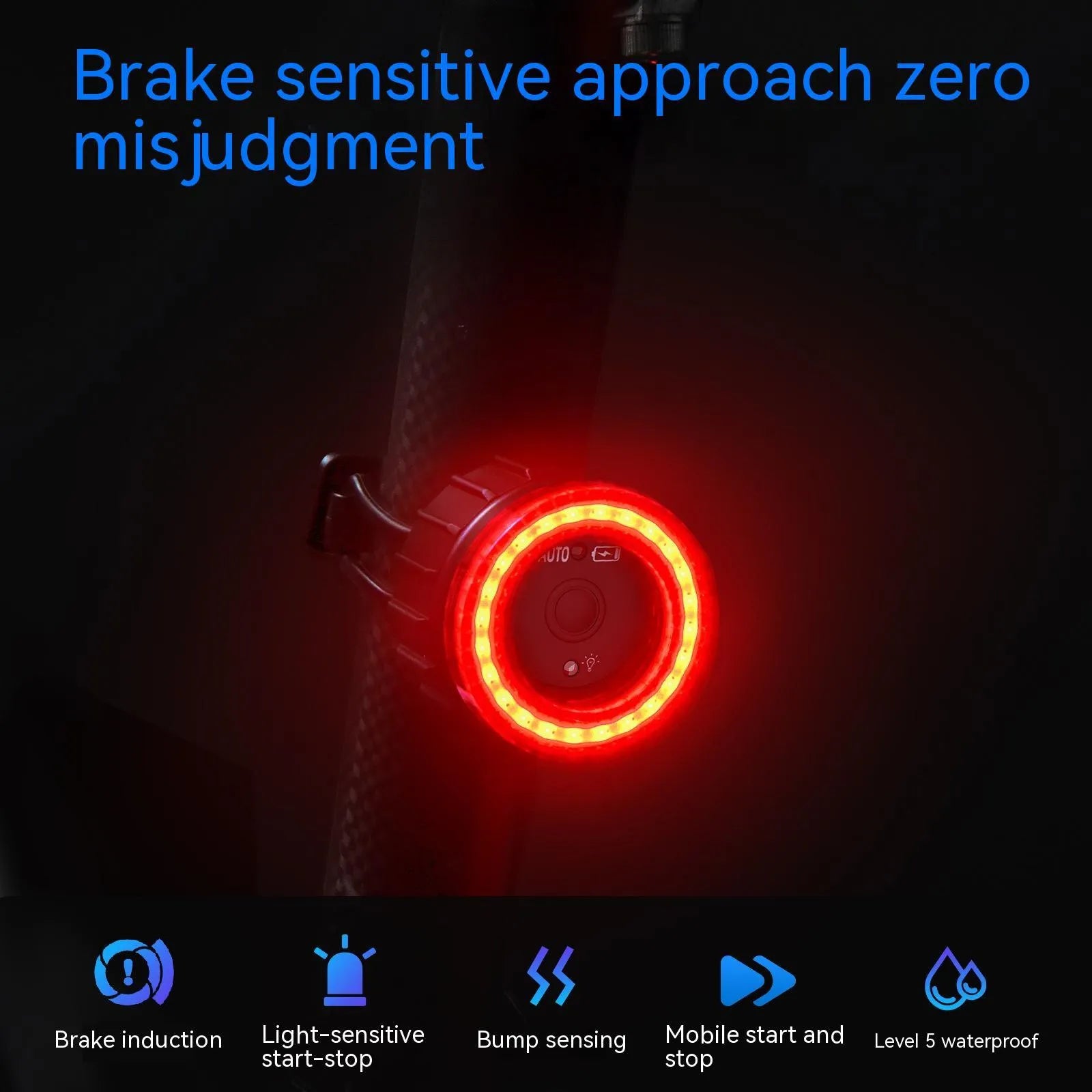 Black intelligent induction brake taillight with aluminium alloy construction and seatpost mounting bracket