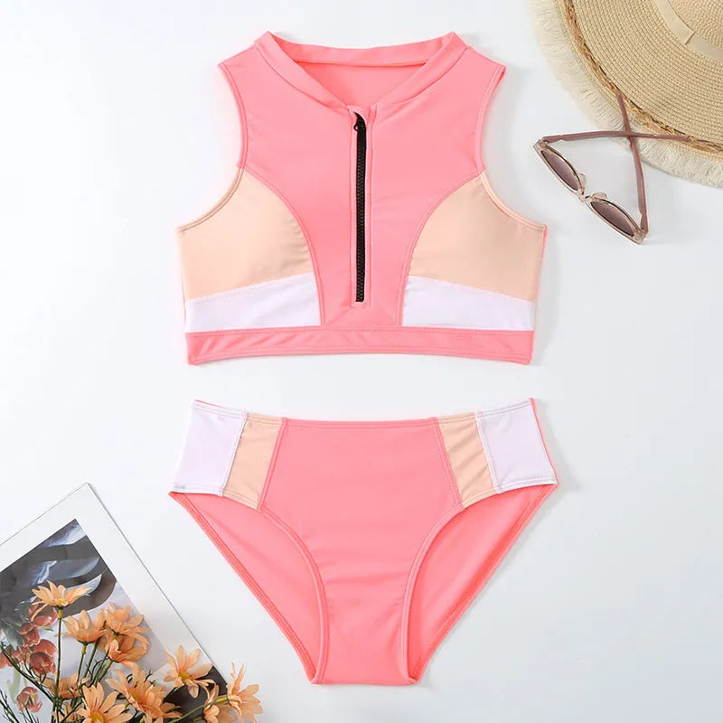 Solid pink women's high waist split bikini swimsuit set on a white background.