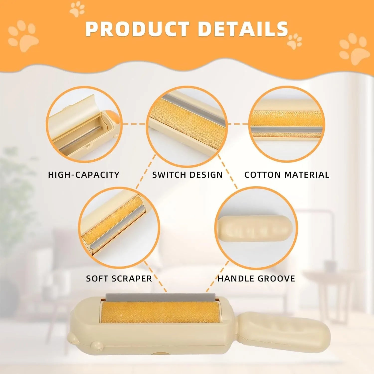 Blue reusable pet hair remover tool with self-cleaning base on a fabric sofa.