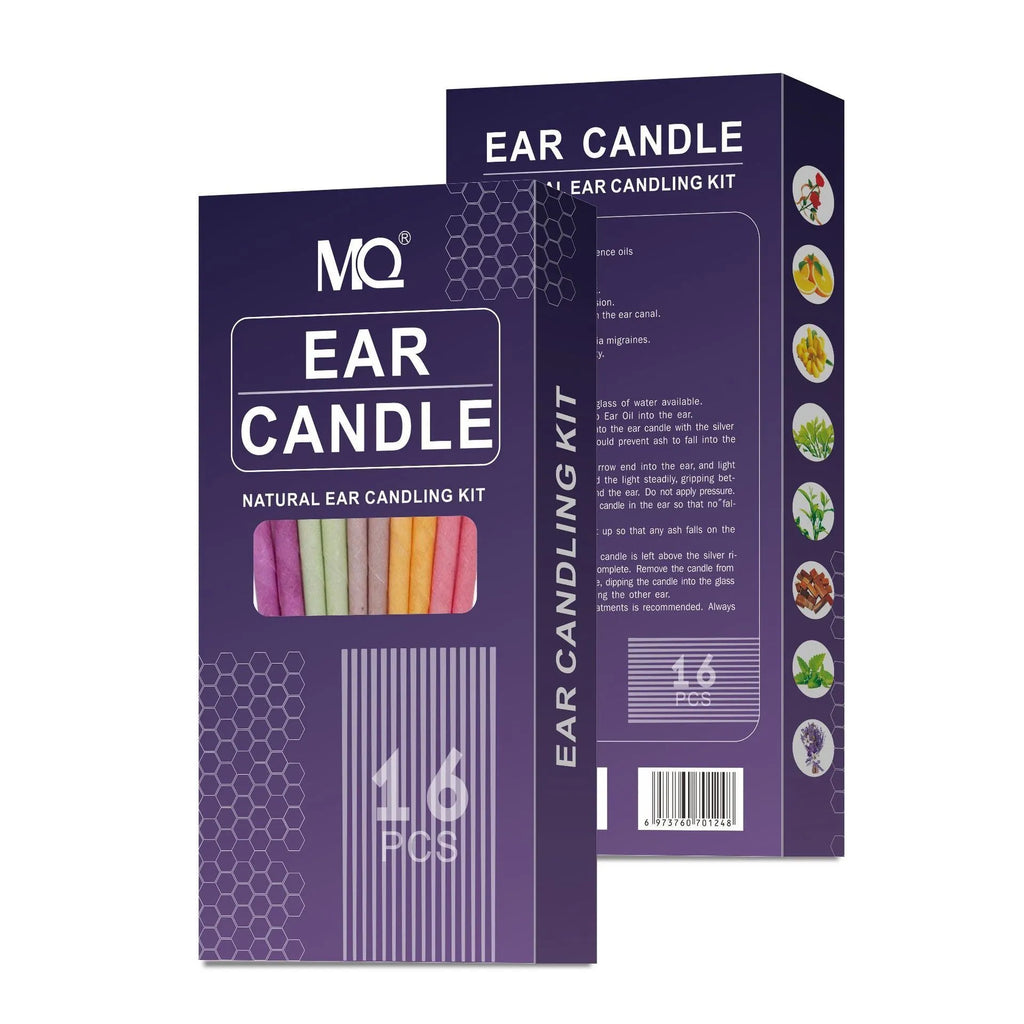 Horn-shaped ear candle set with 16 cotton candles, 8 protection boards, and 16 swabs in eight colour variations