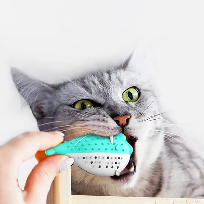 Blue silicone fish-shaped chew toy and teaser for cats on a white background.