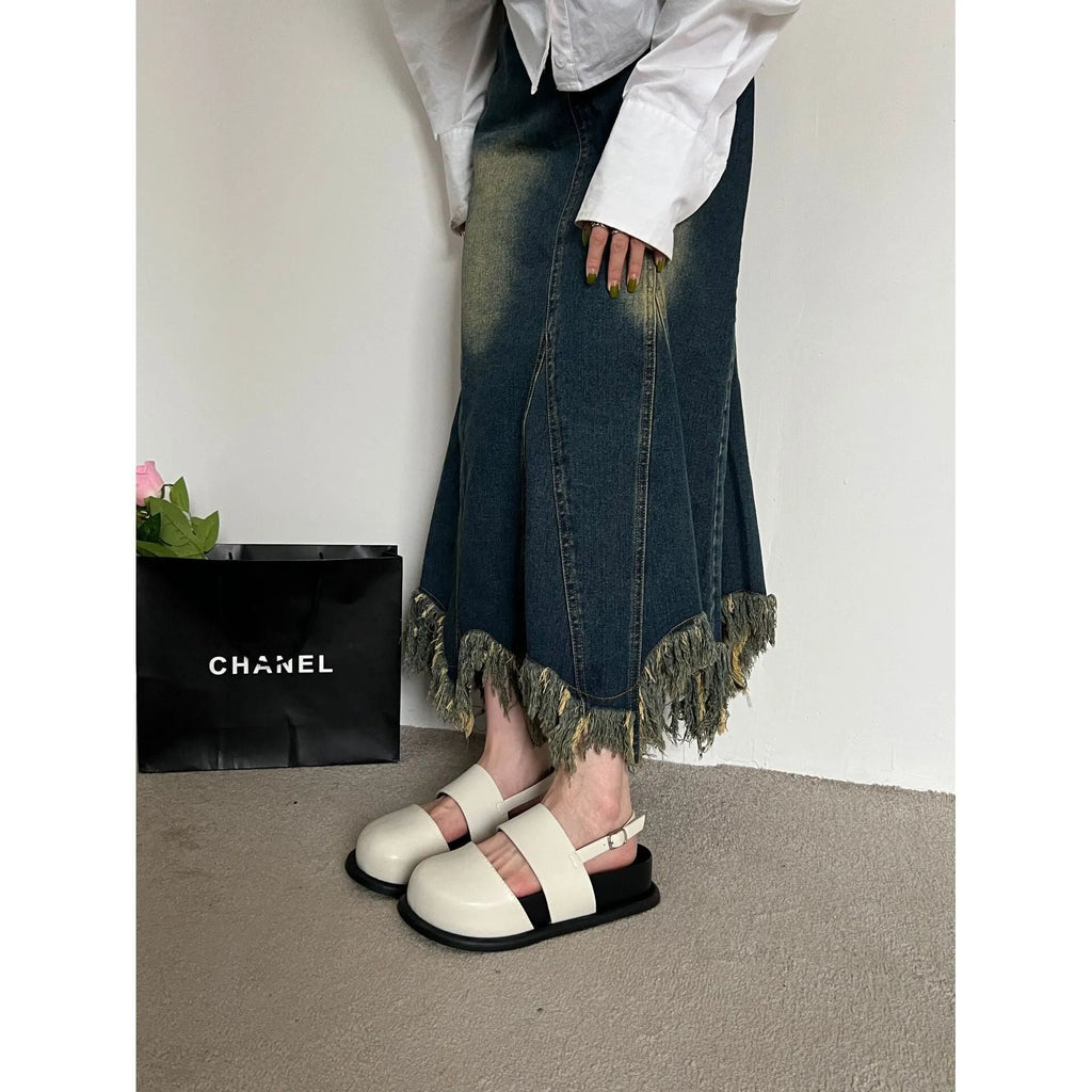 Korean style retro sandals with raised sole, closed toe and adjustable ankle strap buckle in microfiber