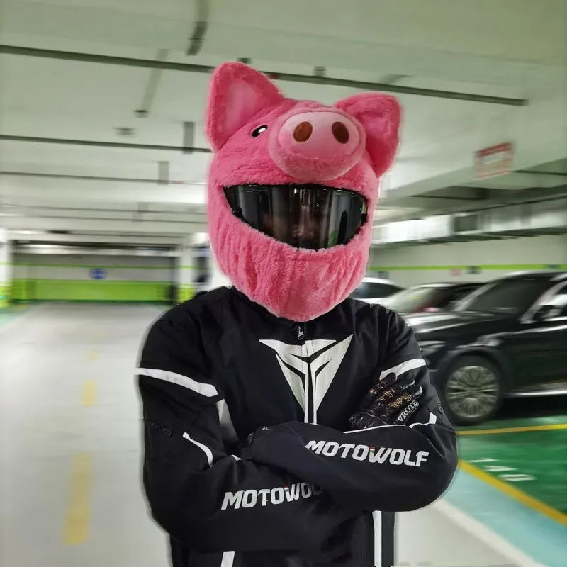 Pink pig cartoon design plush protective hood for motorcycle helmet storage