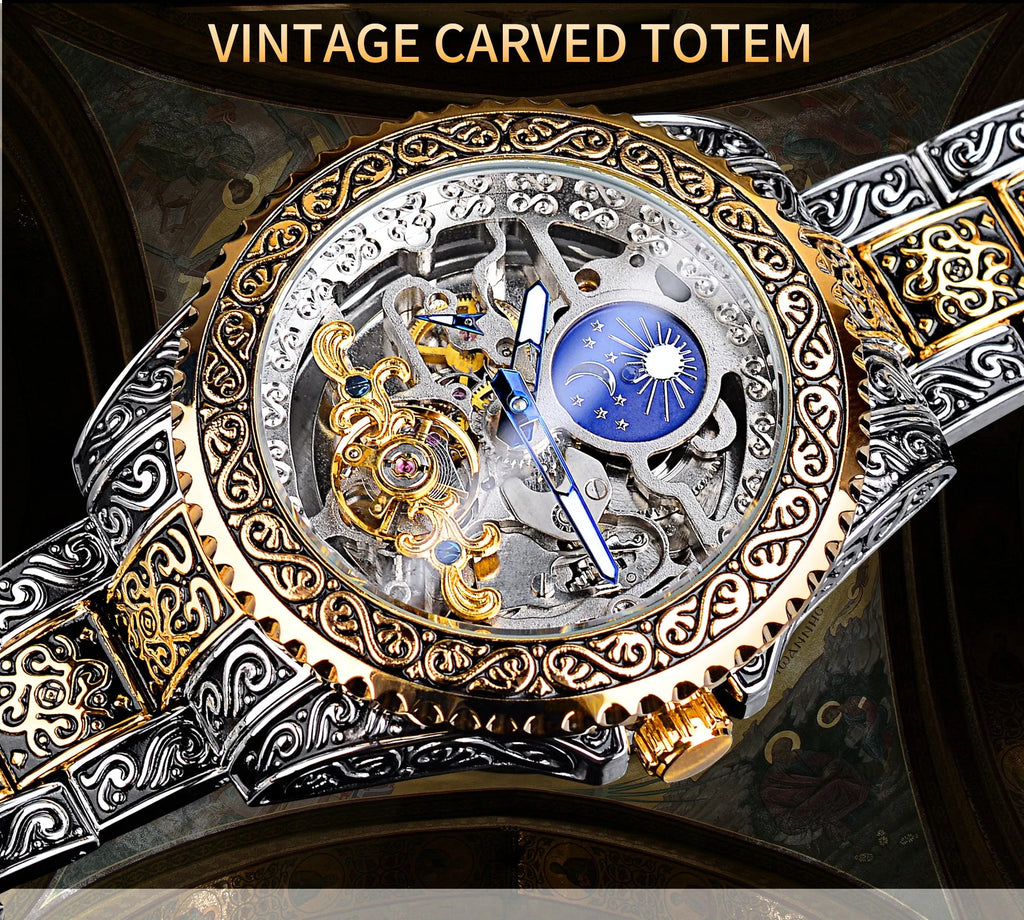 Forsining yellow skeleton tourbillon mechanical watch with stainless steel case