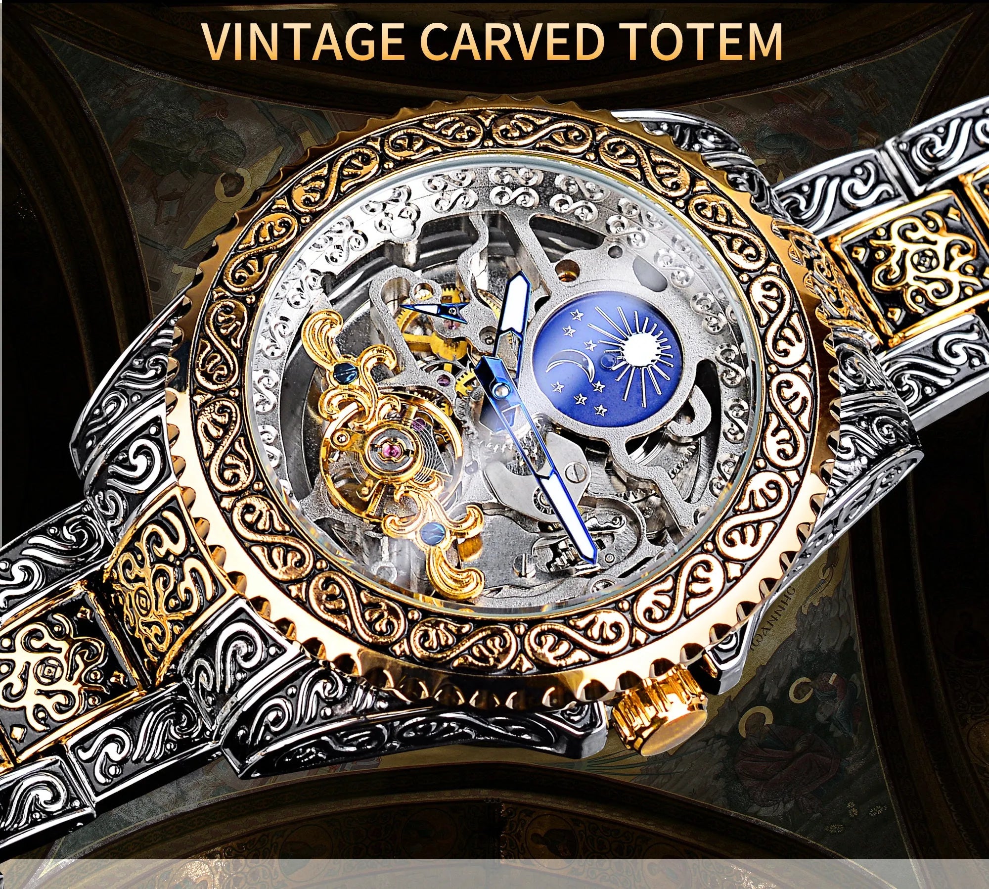 Forsining yellow skeleton tourbillon mechanical watch with stainless steel case
