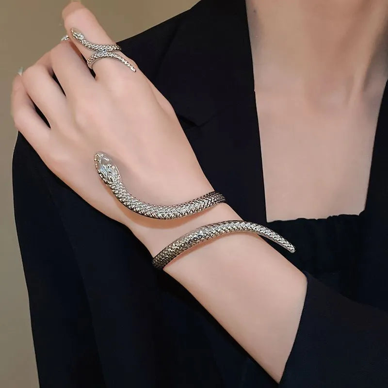 Two-piece exaggerated twisted winding simulated snakes ring and bracelet set with electroplated gold finish