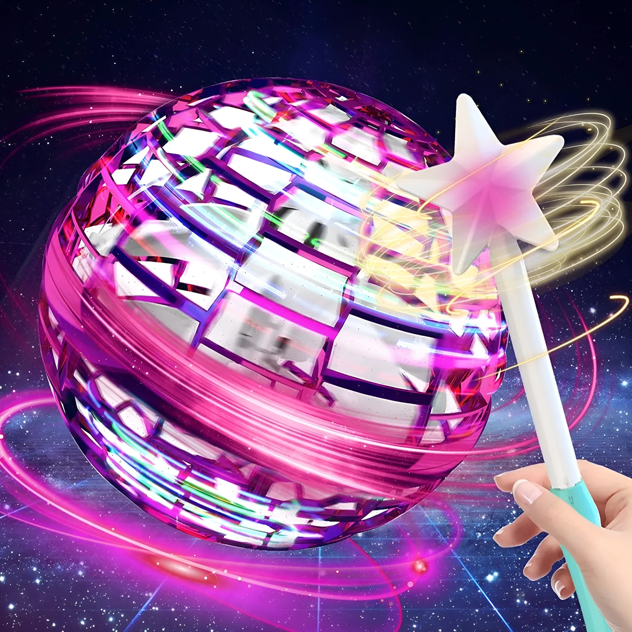 Blue spinning LED flying ball toy hovering above a child's hand with a magic wand.