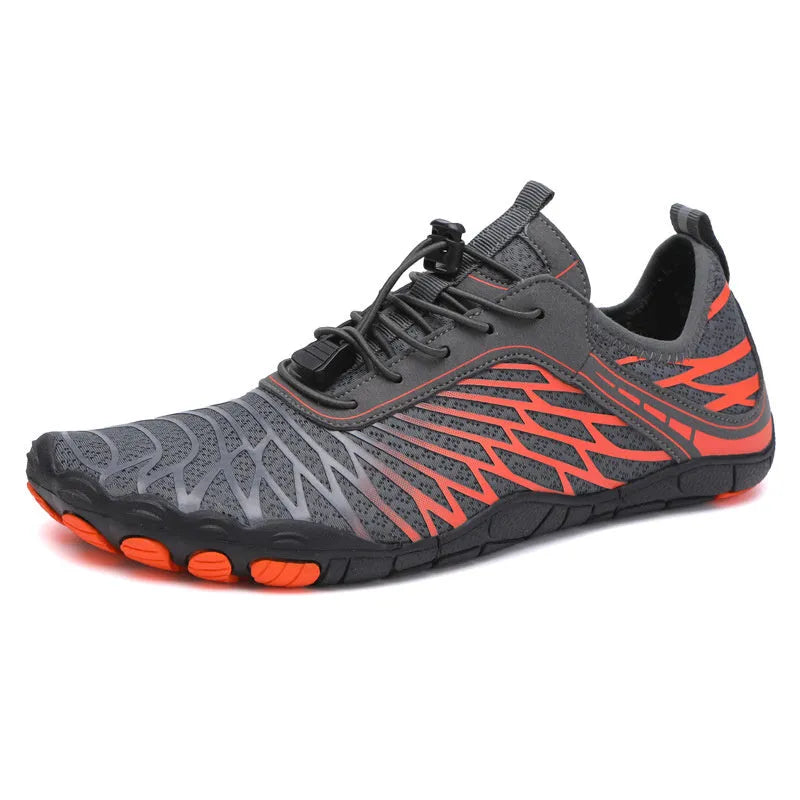 Men's white upstream sports shoes with lace-up front, breathable gauze lining, and non-slip rubber soles