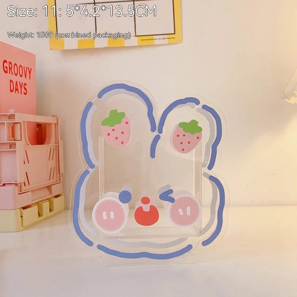 Clear square acrylic storage box with cute cartoon design options including strawberry rabbit and poached egg