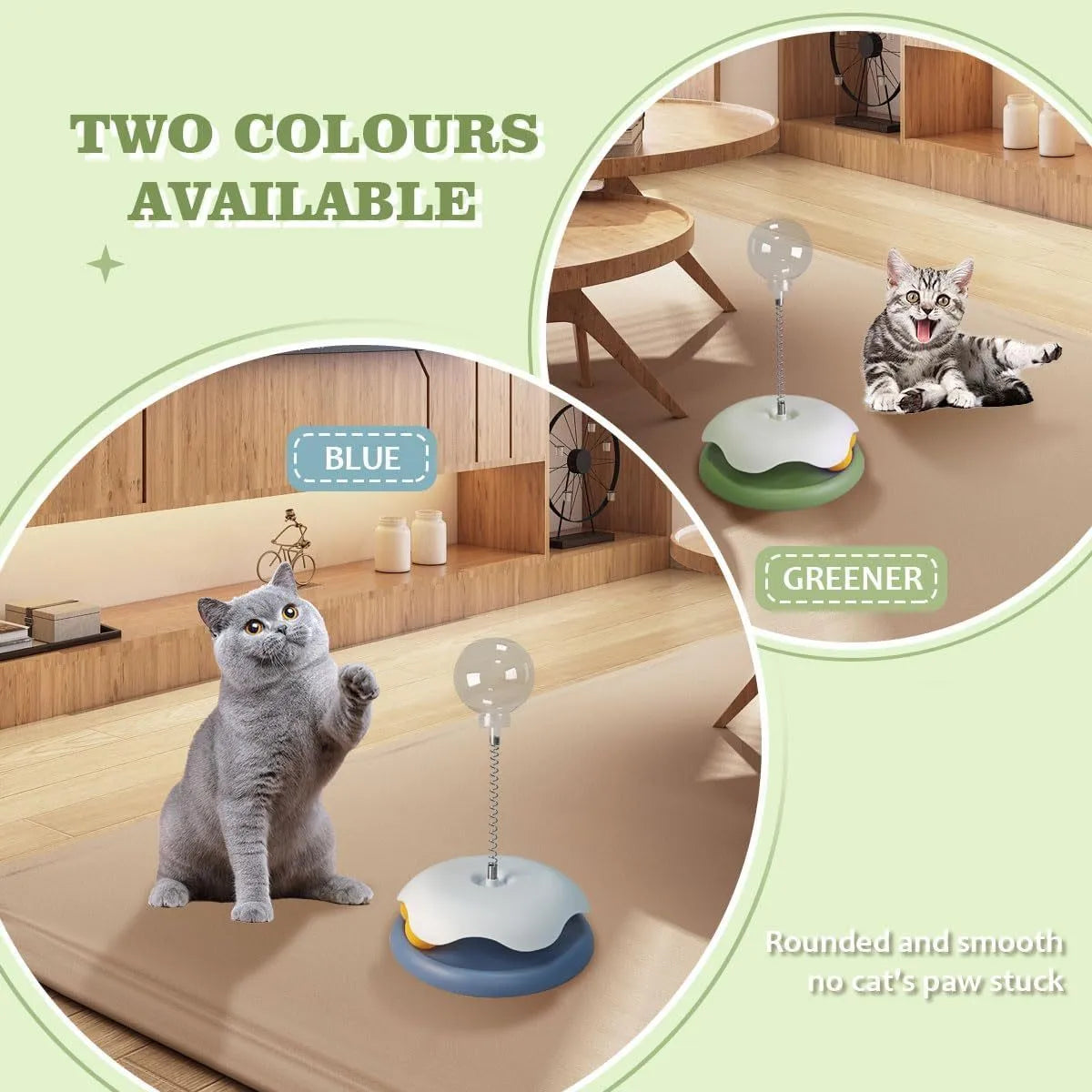 Blue and green interactive cat treat dispenser toy with track ball on flat surface