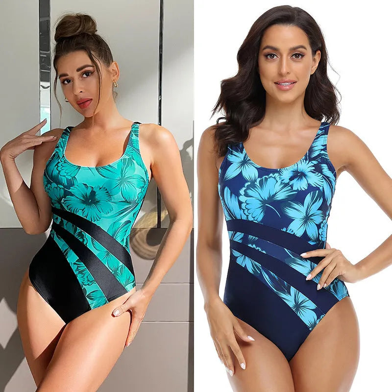 Women's green and blue printed one-piece polyester swimsuit for swimming.