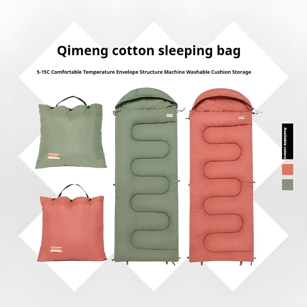 Cotton sleeping bag showing ochre and olive green colour options for outdoor camping use