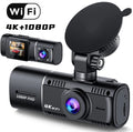 Standard black dual-channel dashboard camera with a 1.5-inch screen, shown with car charger and mounting stand.