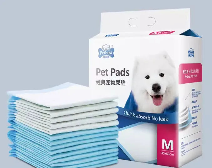 Pack of thickened disposable dog urine pads showing adhesive backing and size options