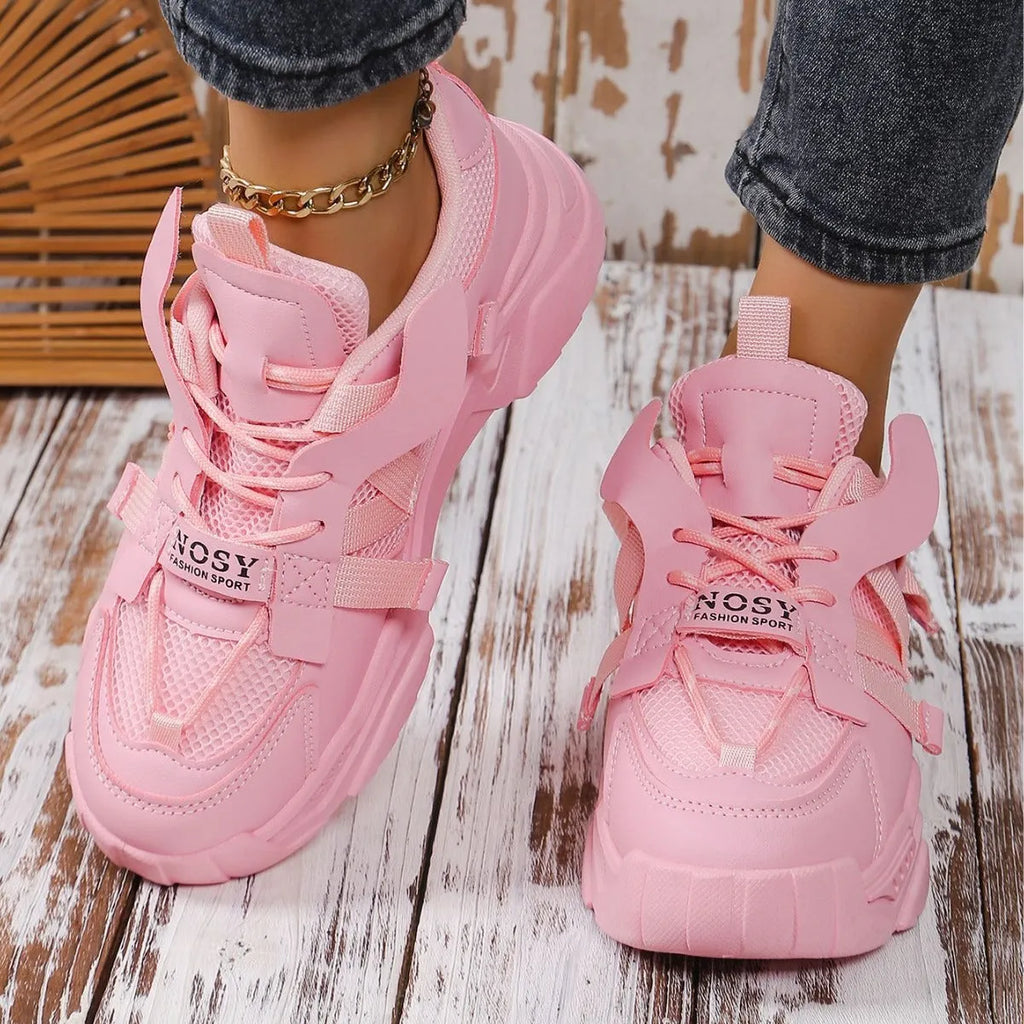 Women's platform mesh dad shoes in multiple colours with animal pattern design and front lace-up fastening