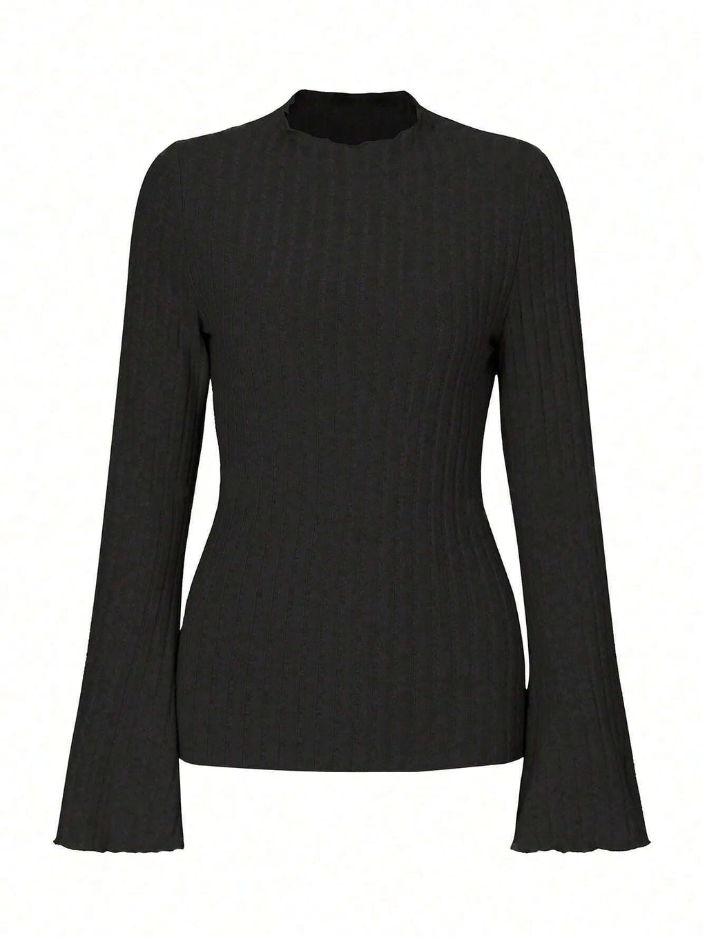 Man wearing a slim-fit long sleeve black top with a subtle brushed stripe texture and round neck.