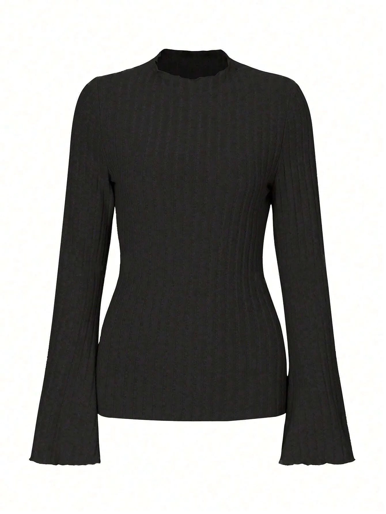 Man wearing a slim-fit long sleeve black top with a subtle brushed stripe texture and round neck.
