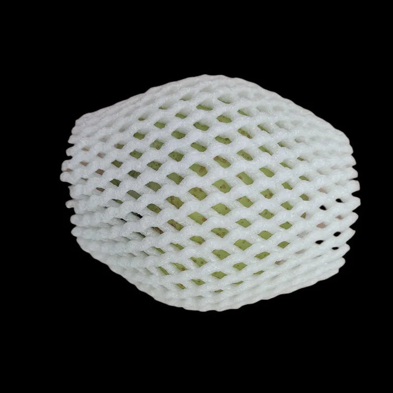 White foam fruit protection nets showing different sizes for apples, pears and peaches