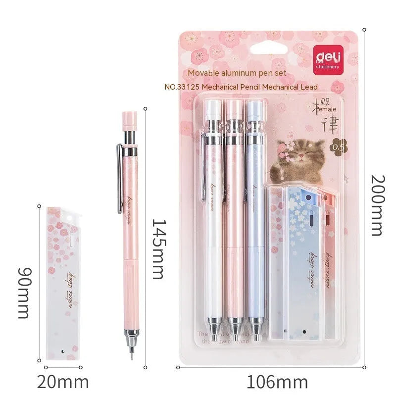 Cartoon style automatic pencil set with 0.5mm HB lead, three pencils and three refill boxes