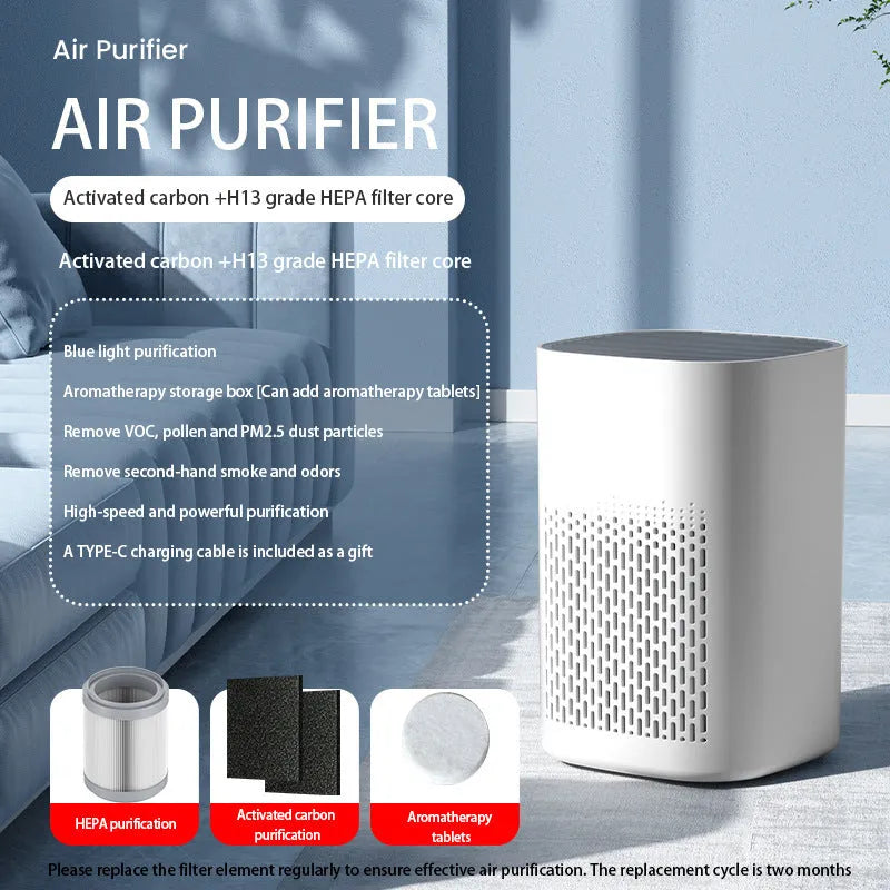 Simple style desktop air purifier with USB cable on a wooden desk.