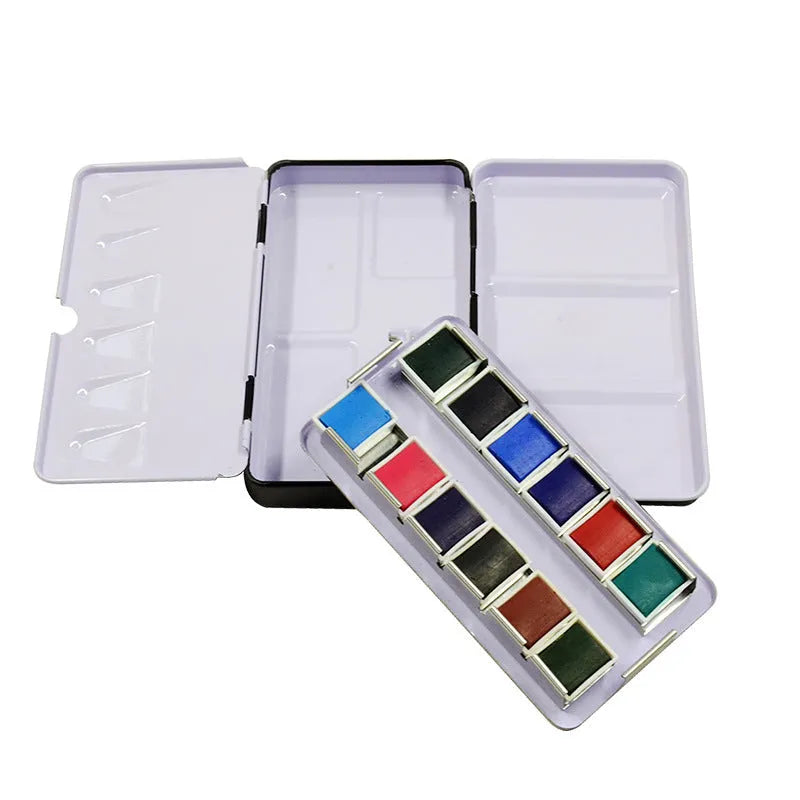 Tinplate folding watercolour paint box for solid pigments in three size configurations