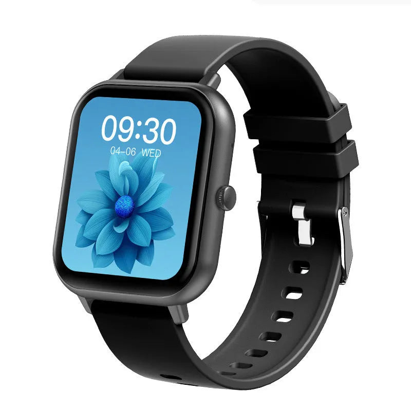 Smart watch with AMOLED screen showing health metrics including heart rate and blood oxygen levels