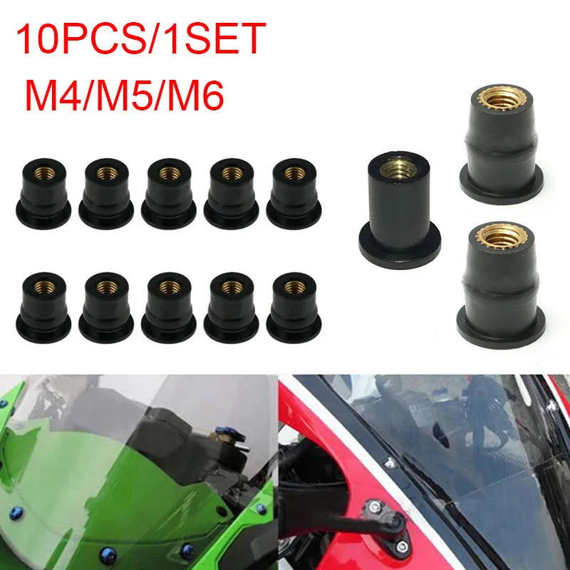 Motorcycle windshield brass rubber nut fastener kit with 10 pieces in M4, M5 and M6 thread sizes